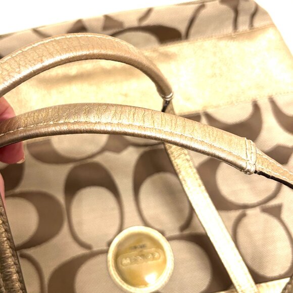 Coach F 15112 signature tote beige, brown shoulder bag with gorld band - Picture 9 of 11